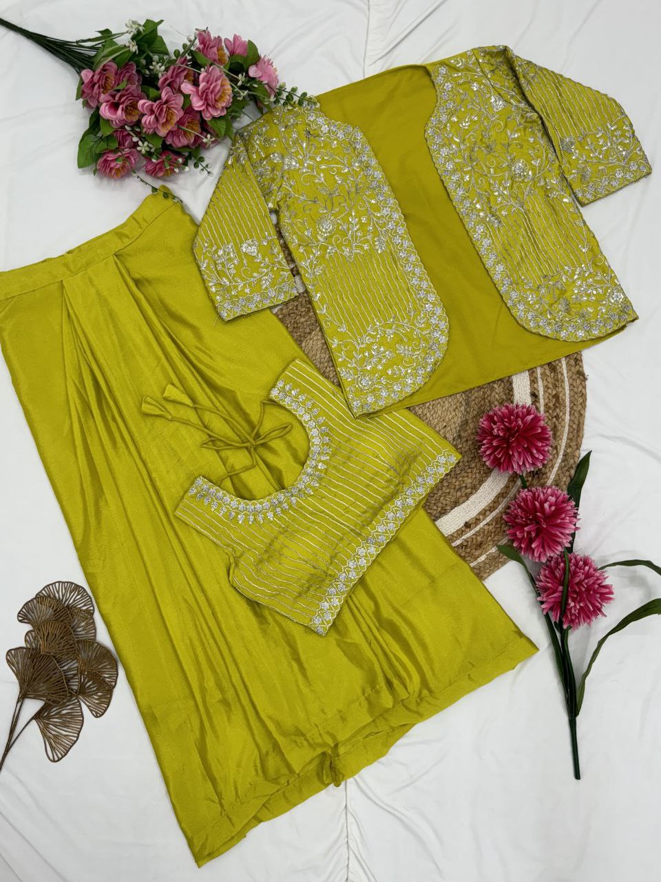 Ready to wear Chinon Silk Dhoti Jacket Blouse Set