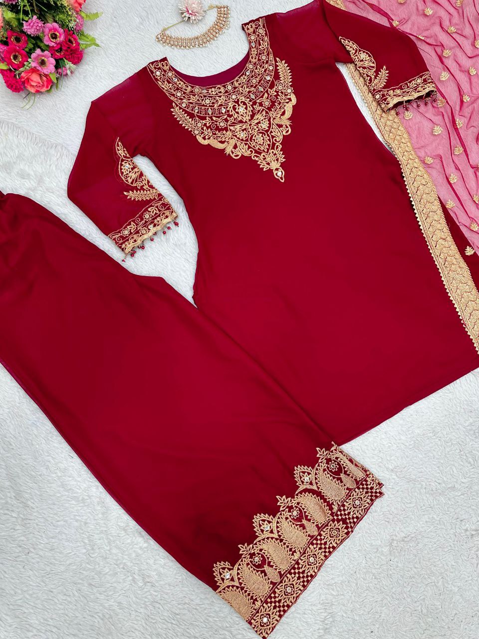 Beautiful Pakistani Embroidered Cherry Red Color 3 Pc Kurta & Palazzo set