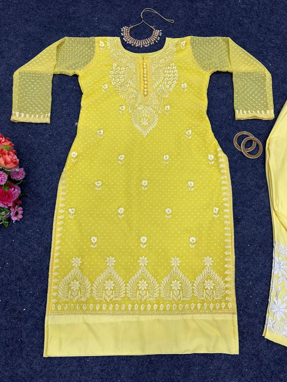 Beautiful Yellow Color Chikankari Kurti With Pent