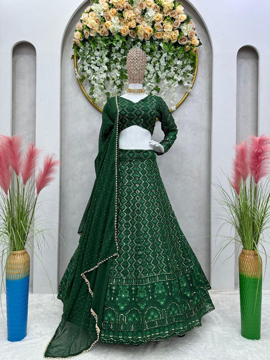 Beautiful Green Color Georgette Sequence Work Lehenga Choli With Dupatta