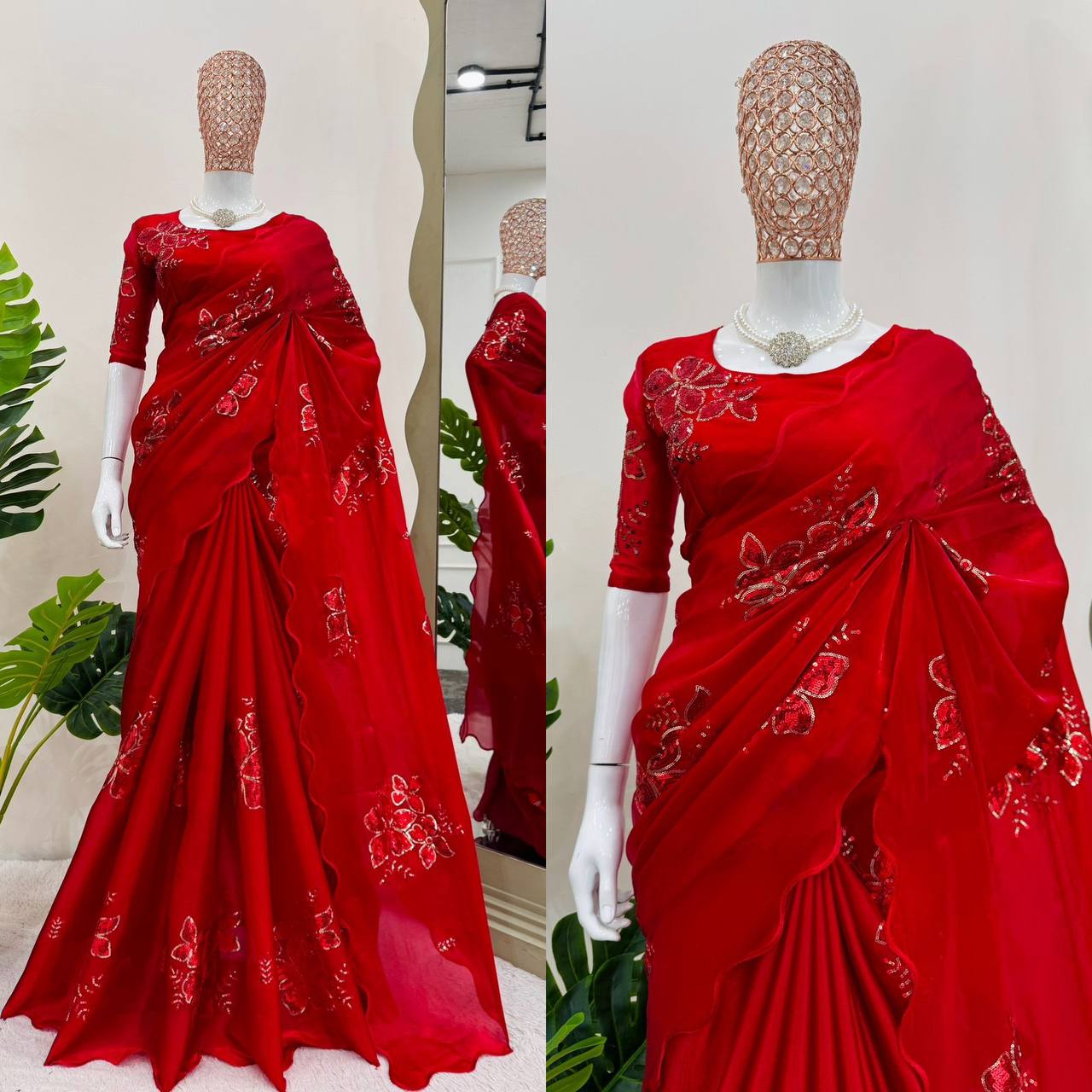 Party Wear Red Color Jimmy Chu Sequence Thread Work Saree Blouse