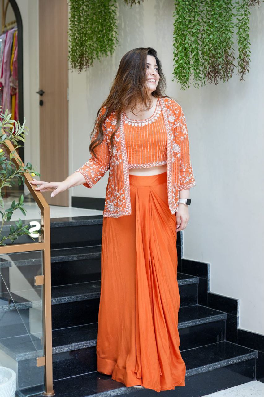 Ready to wear Chinon Silk Dhoti Jacket Blouse Set