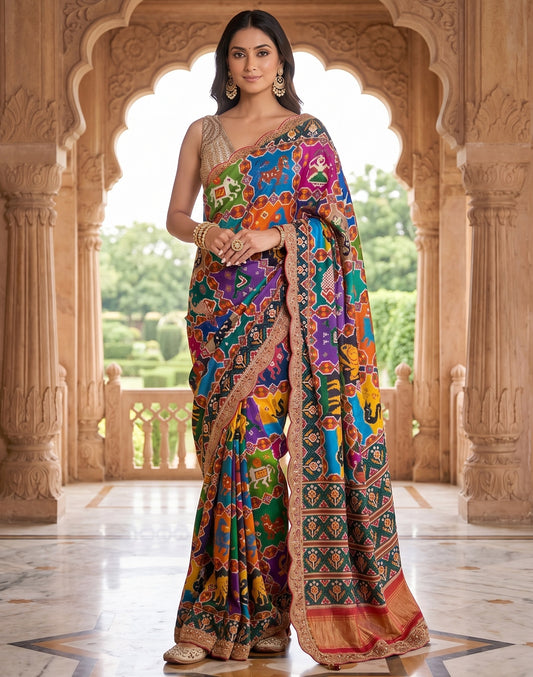 Heavy Quality Georgette Saree, Digital Print Patola Design, Swarovski & Coding Sequins Lace Border, Mono Silk Blouse