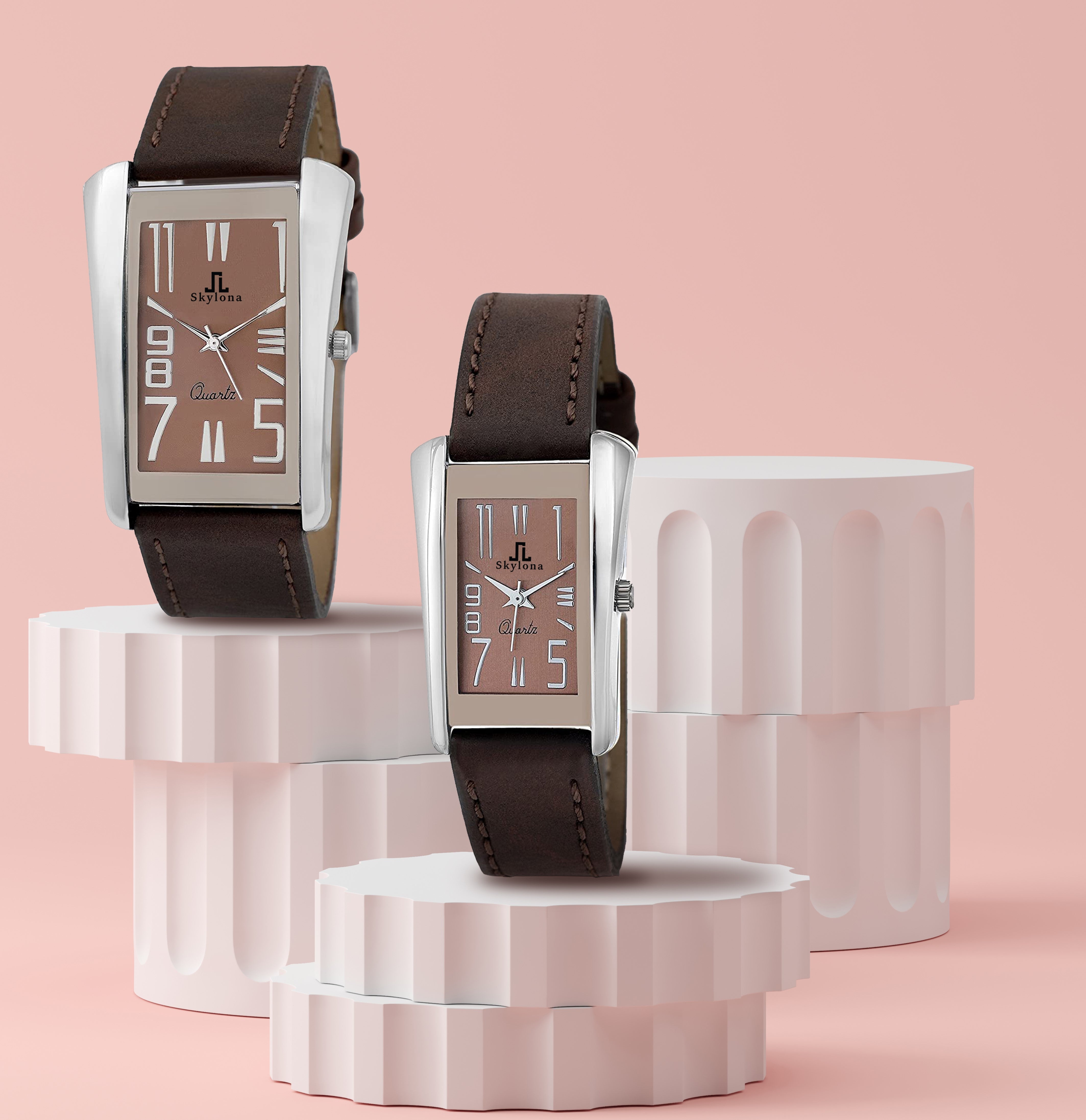 Leather Pair Wrist Watch Leather Brown Belt Analog Couple Watch –