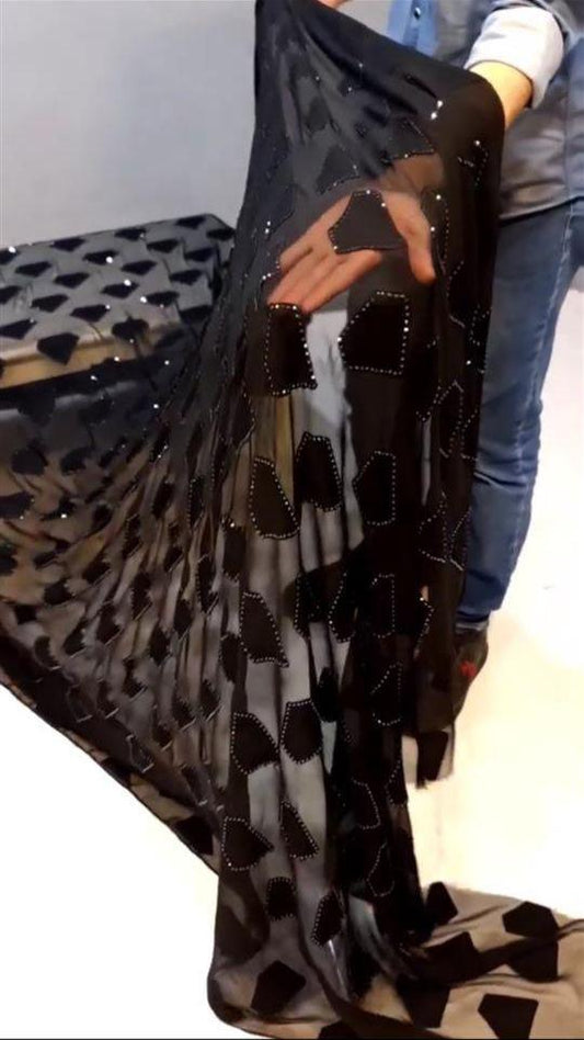 Latest Black Color Georgette Sequence Embroidered Work Saree