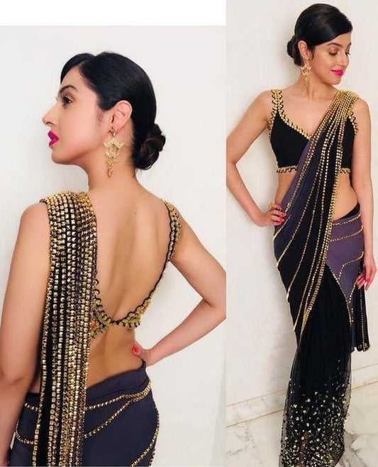 Sensational Black & Wine Designer Georgette With Net Sequence Lace fancy designer saree