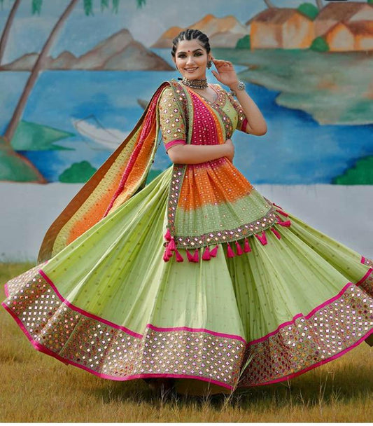 Dazzling Light Green Color Designer Real Mirror Work Digital Printed Soft Silk Lehenga Choli For Wedding Wear