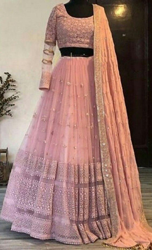 Captivation Peach Color Designer Georgette Chain Stitch Work Wedding Wear Lehenga Choli