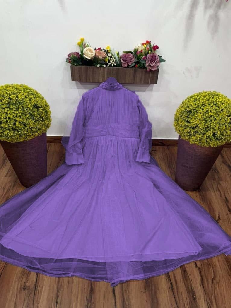 Hypnotic Purple Color Ready Made Net Pleated Design Gown For Party Wear