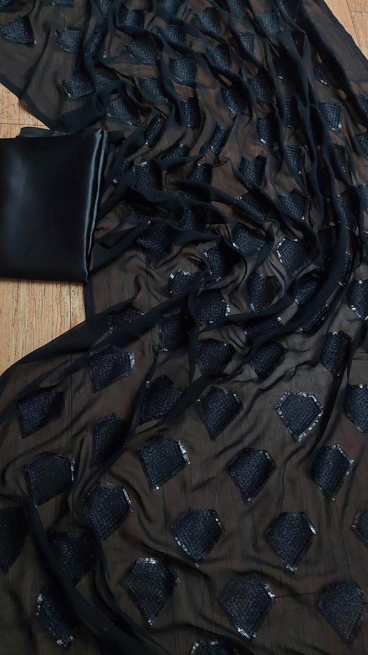 Latest Black Color Georgette Sequence Embroidered Work Saree