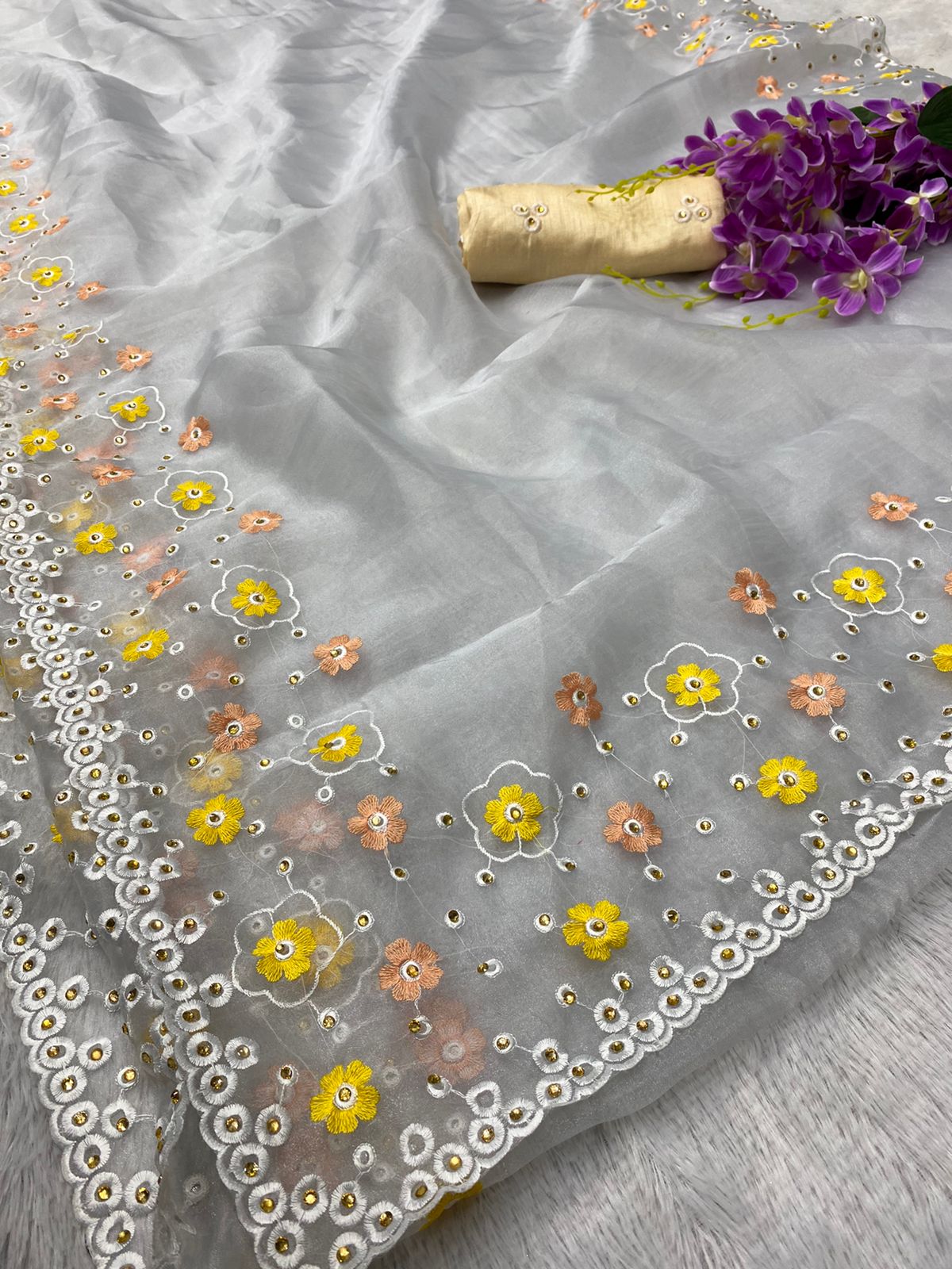 Designer Thread Work Organza Saree with Stone Work Blouse