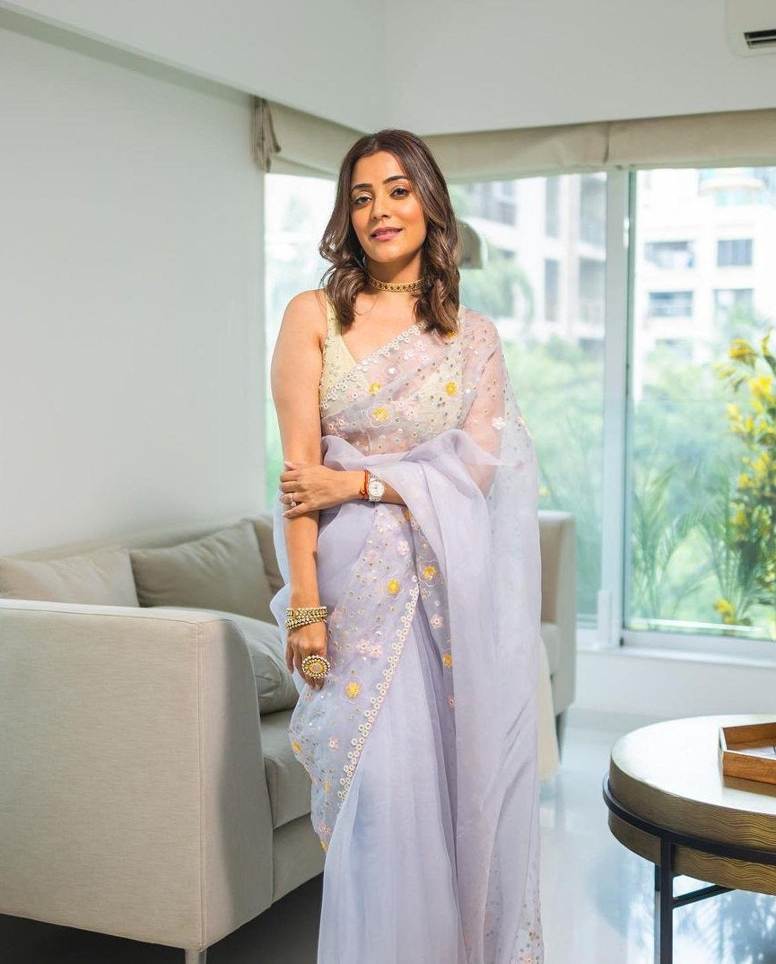 Designer Thread Work Organza Saree with Stone Work Blouse