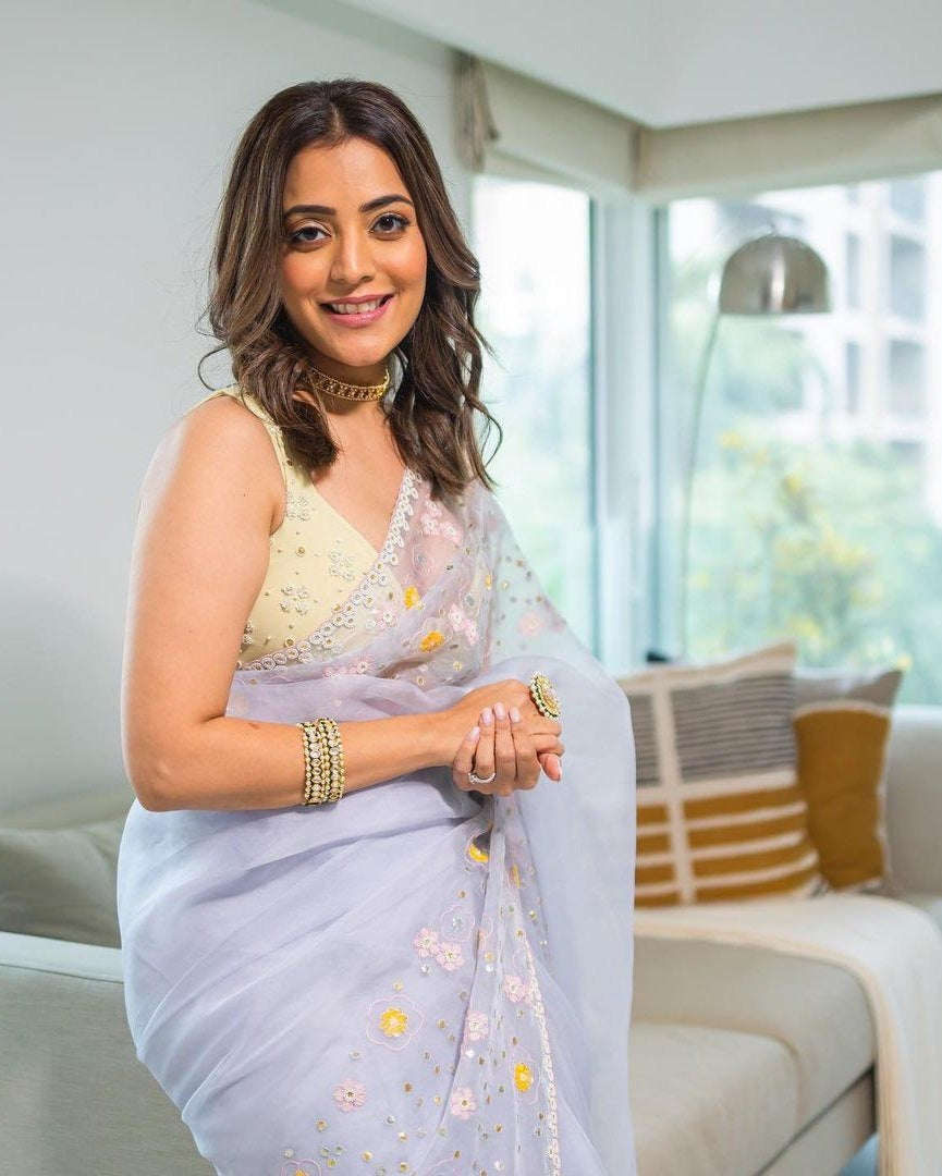 Designer Thread Work Organza Saree with Stone Work Blouse