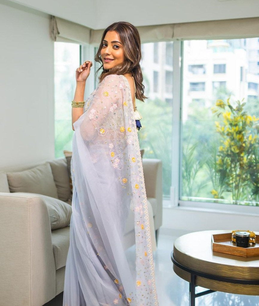 Designer Thread Work Organza Saree with Stone Work Blouse