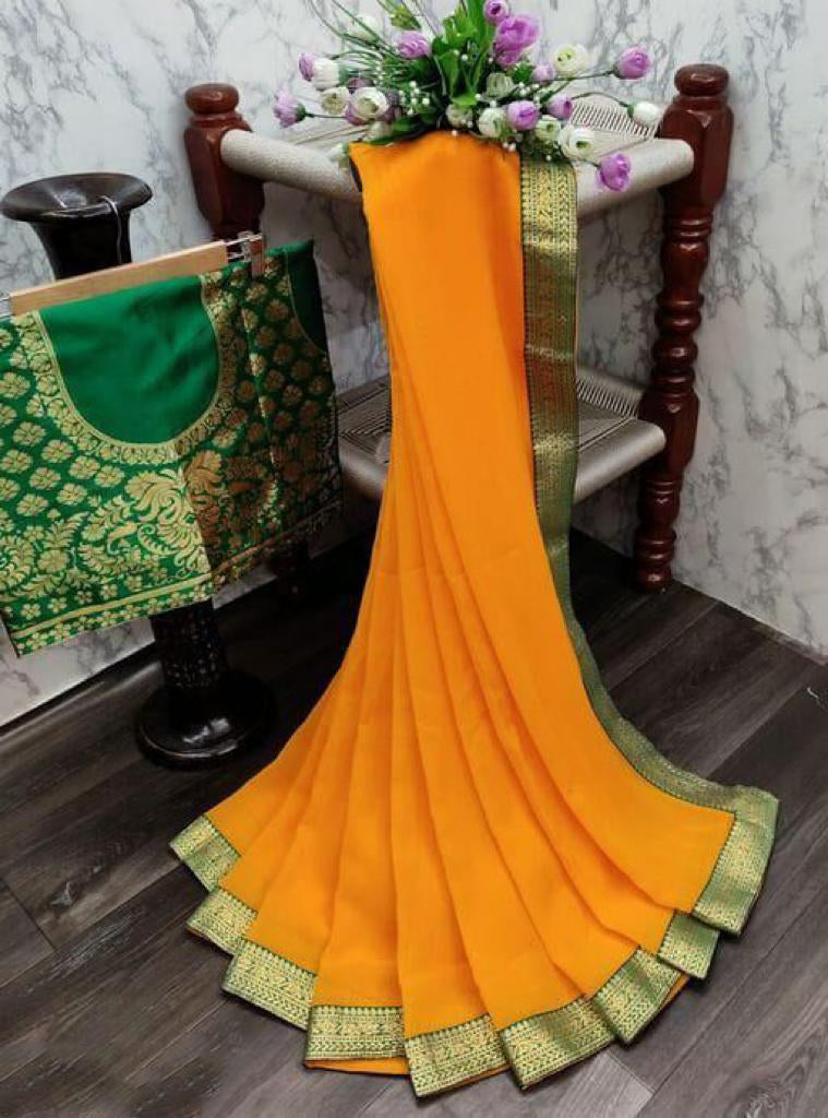 Latest Chiffon Saree with Jacquard Blouse For Women