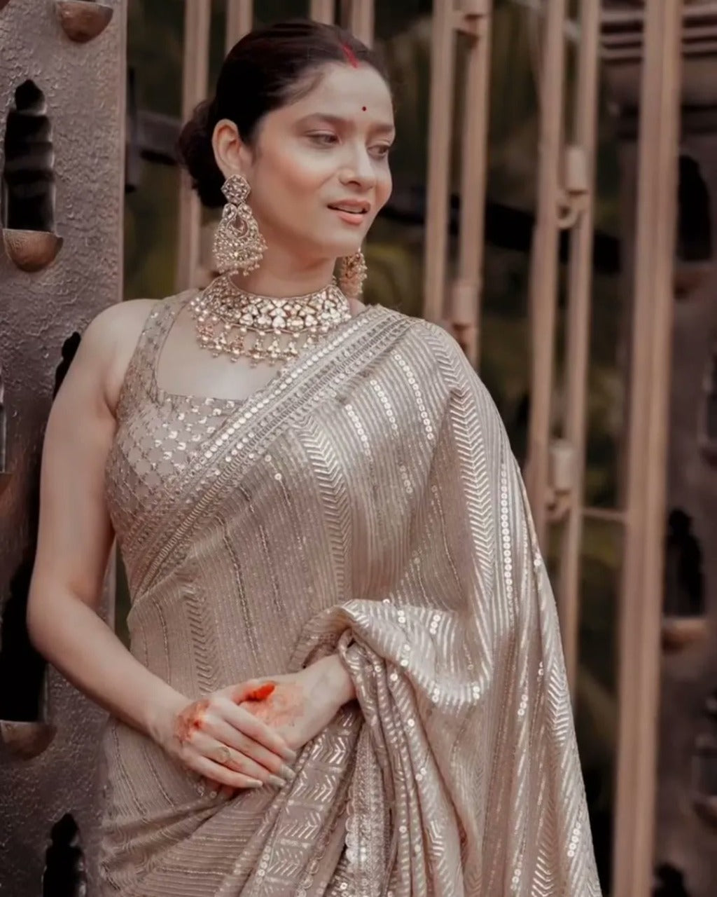 Designer Beige Color Georgette Embroidered Sequence Work Saree Blouse