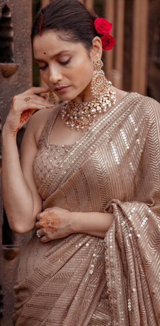 Designer Beige Color Georgette Embroidered Sequence Work Saree Blouse