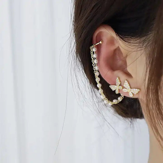 Latest Butterfly Pearl Gold Plated Ear Cuff For Women