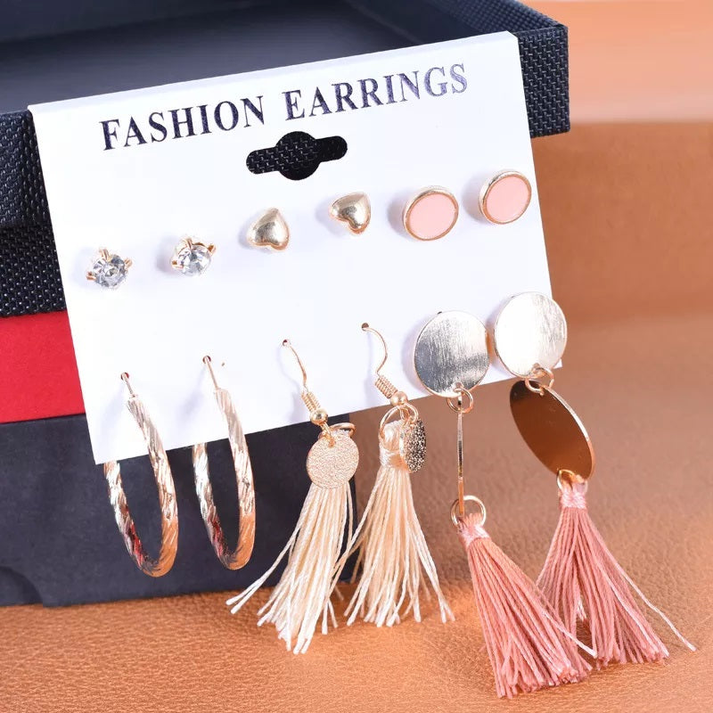 6 Pair of popular national style series tassel geometric love Set Earrings For Girls and Women