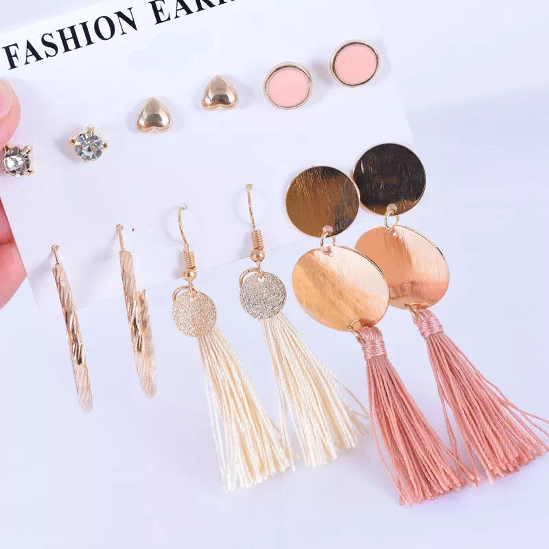 6 Pair of popular national style series tassel geometric love Set Earrings For Girls and Women