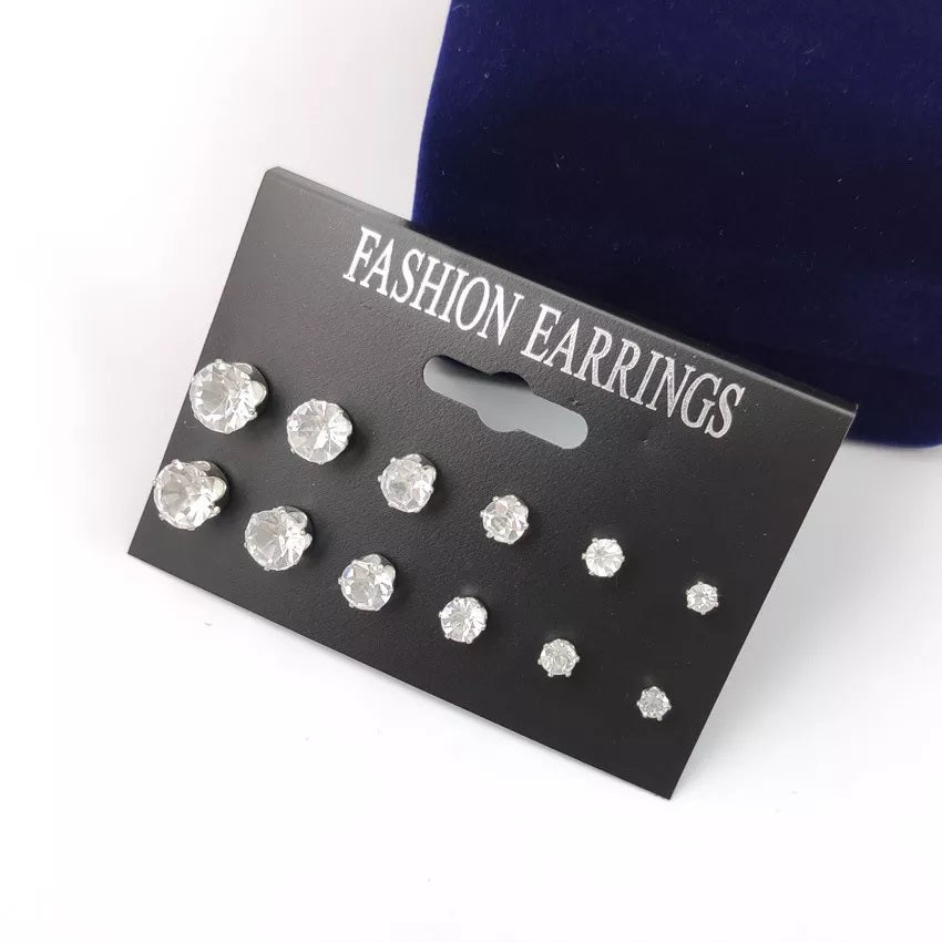 6 Pairs 1 Set Rhinestone Crystal Stud Earrings 8mm-3mm Solitaire Zircon Stud Earrings For Women Girls
