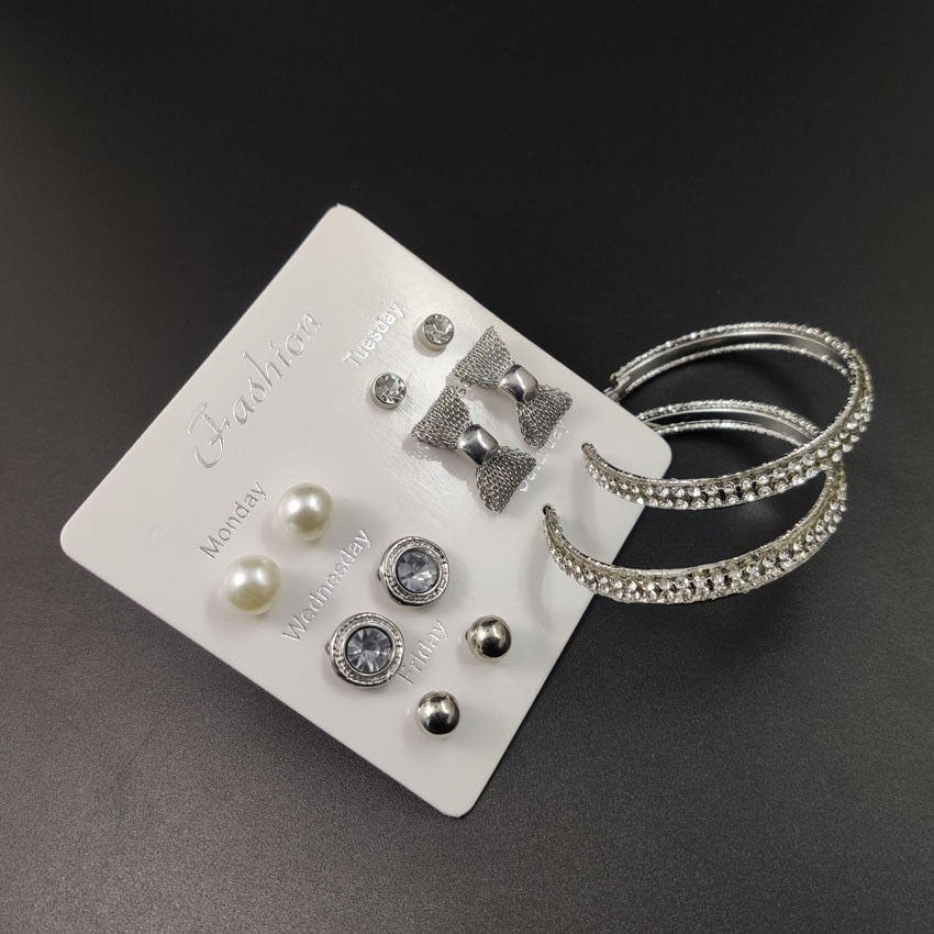 Urban Trend 6 pair fashion Rhinestone Earrings big circle bow pearl of earrings set