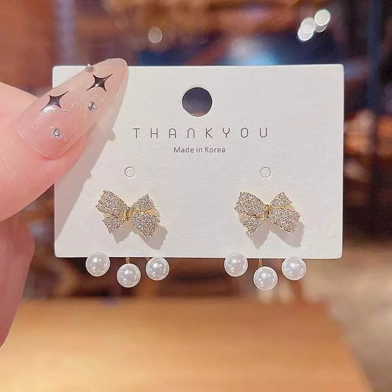 Amazing Gold Plated Luxury Bow Diamond Pearl Earrings