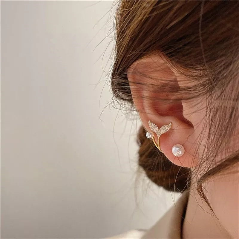Extraordinary Gold Plated Fish Tail Diamond Pearl Earrings For Women