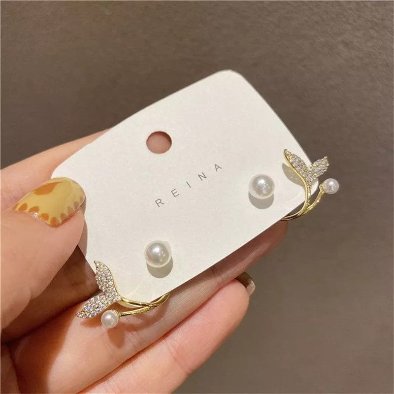 Extraordinary Gold Plated Fish Tail Diamond Pearl Earrings For Women
