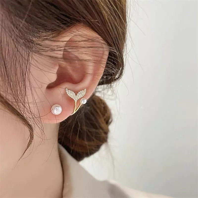Extraordinary Gold Plated Fish Tail Diamond Pearl Earrings For Women