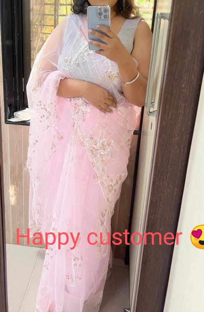 Amazing Designer Net Embroidery Work Saree For Women