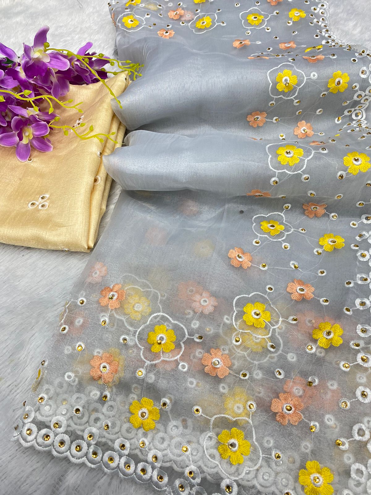 Designer Thread Work Organza Saree with Stone Work Blouse