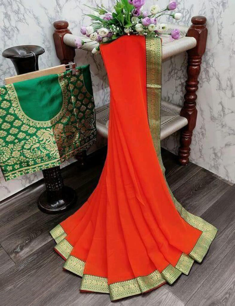 Latest Chiffon Saree with Jacquard Blouse For Women