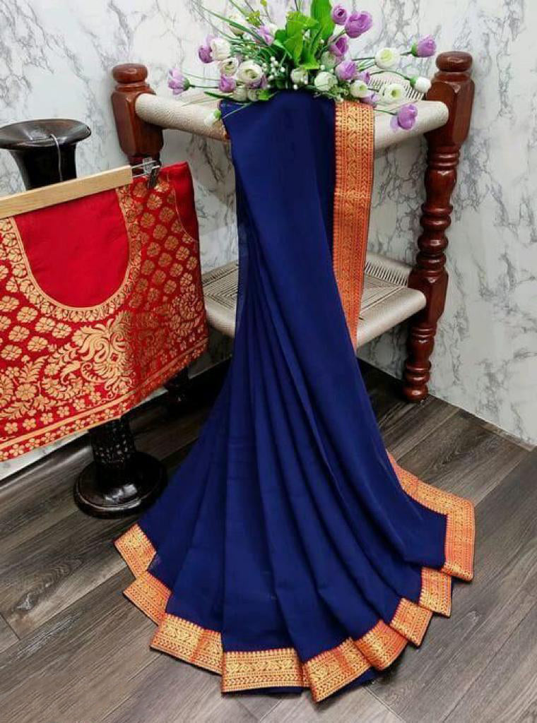 Latest Chiffon Saree with Jacquard Blouse For Women