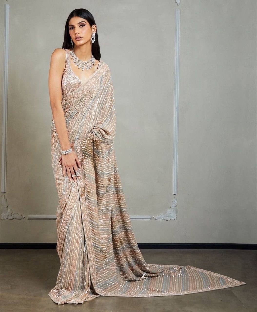 Glamorous Peach Color Sequence Embroidered Work Georgette Saree Blouse