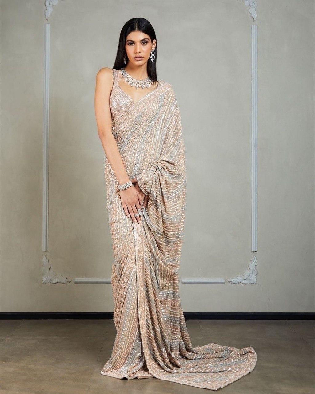 Glamorous Peach Color Sequence Embroidered Work Georgette Saree Blouse