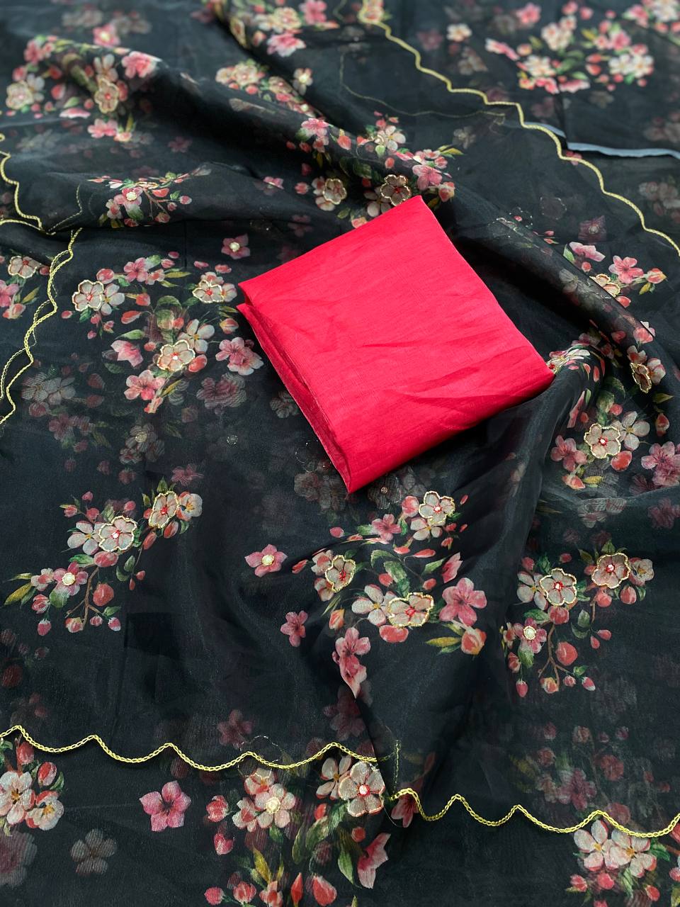 Latest Hand Work Printed Organza Saree with Blouse