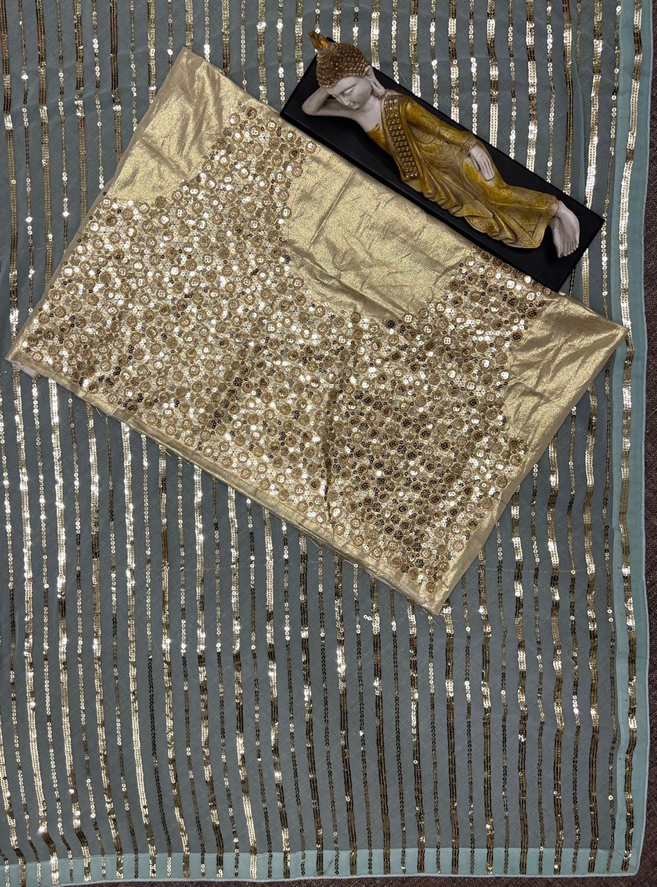 Extraordinary Sea Green Color Georgette Sequence Work Saree Blouse