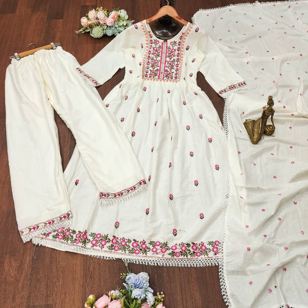 Urban Trend White Cotton Gown Pent Dupatta Set