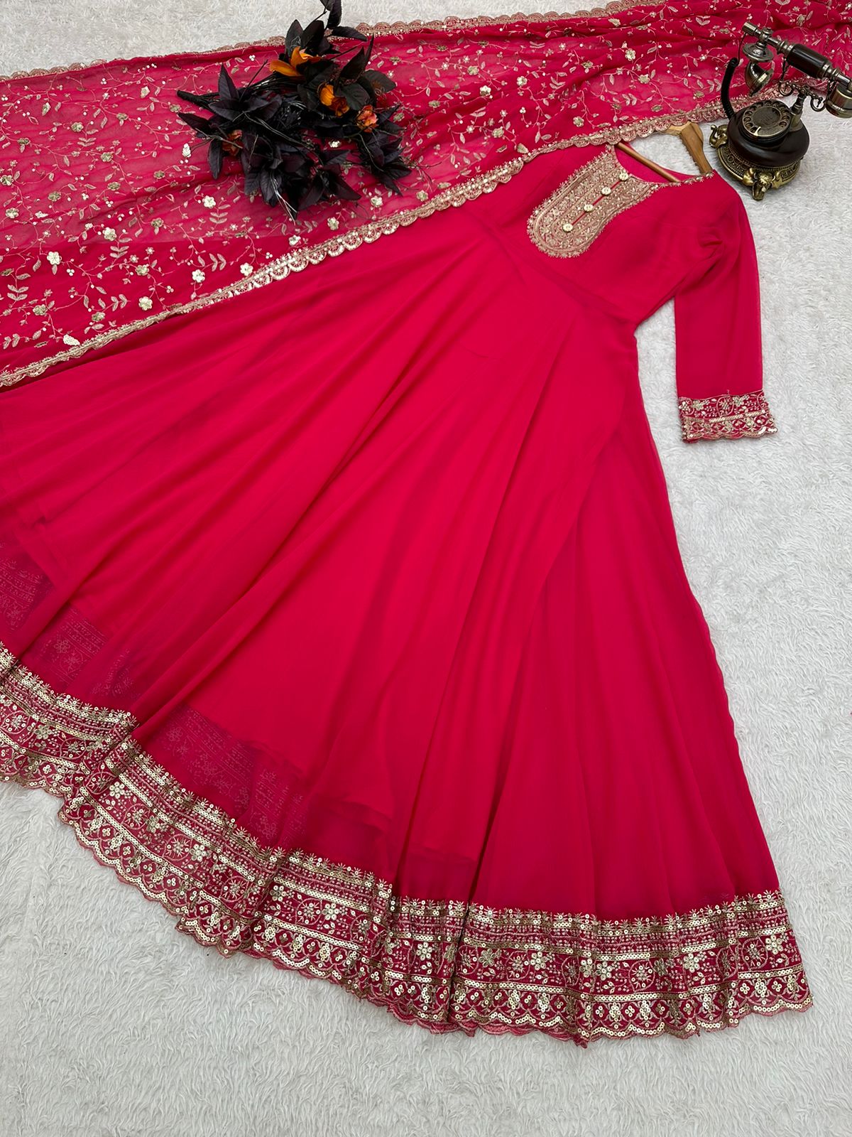 Rani Color Good Flair Anarkali Gown With Dupatta
