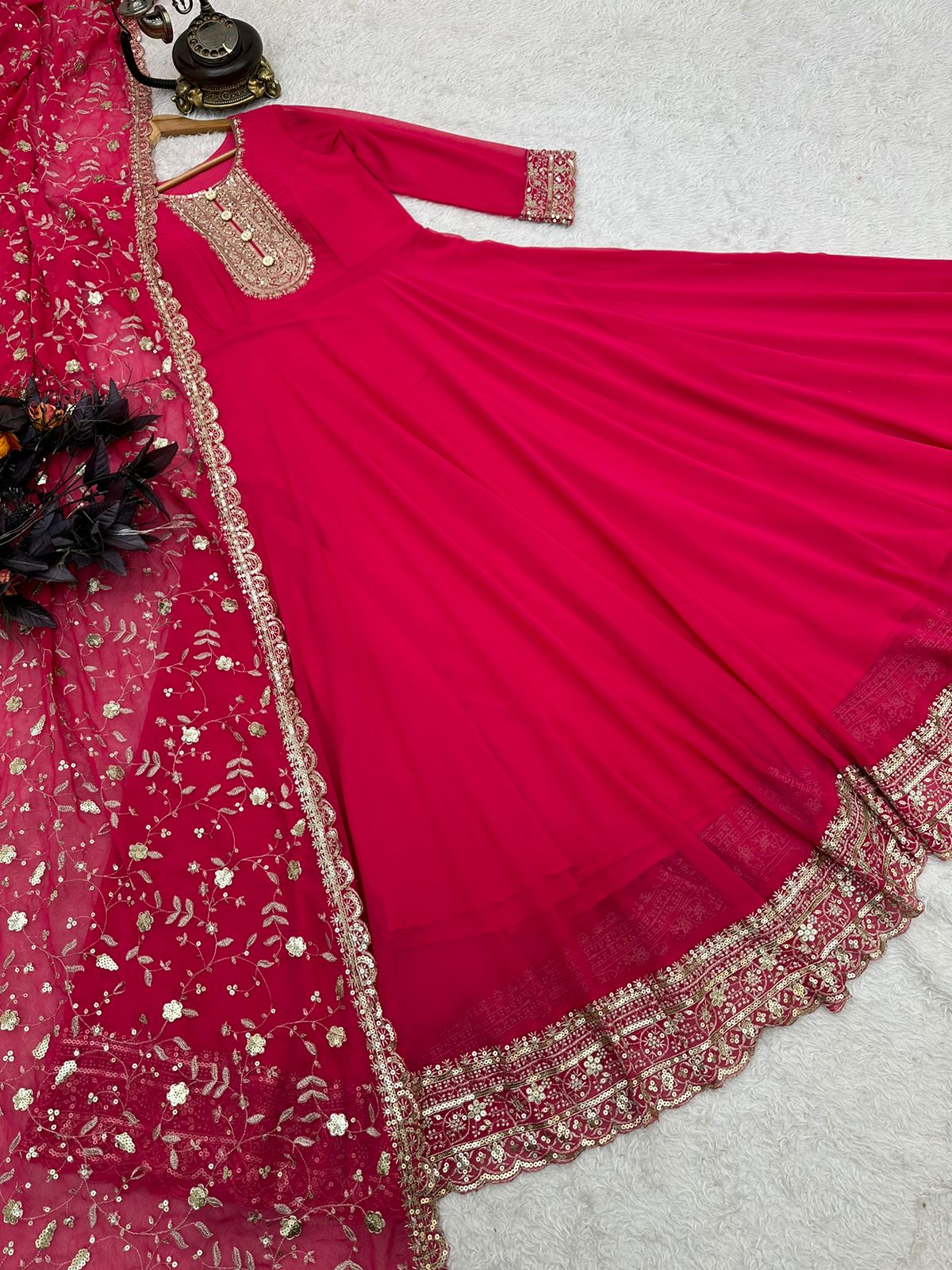 Rani Color Good Flair Anarkali Gown With Dupatta