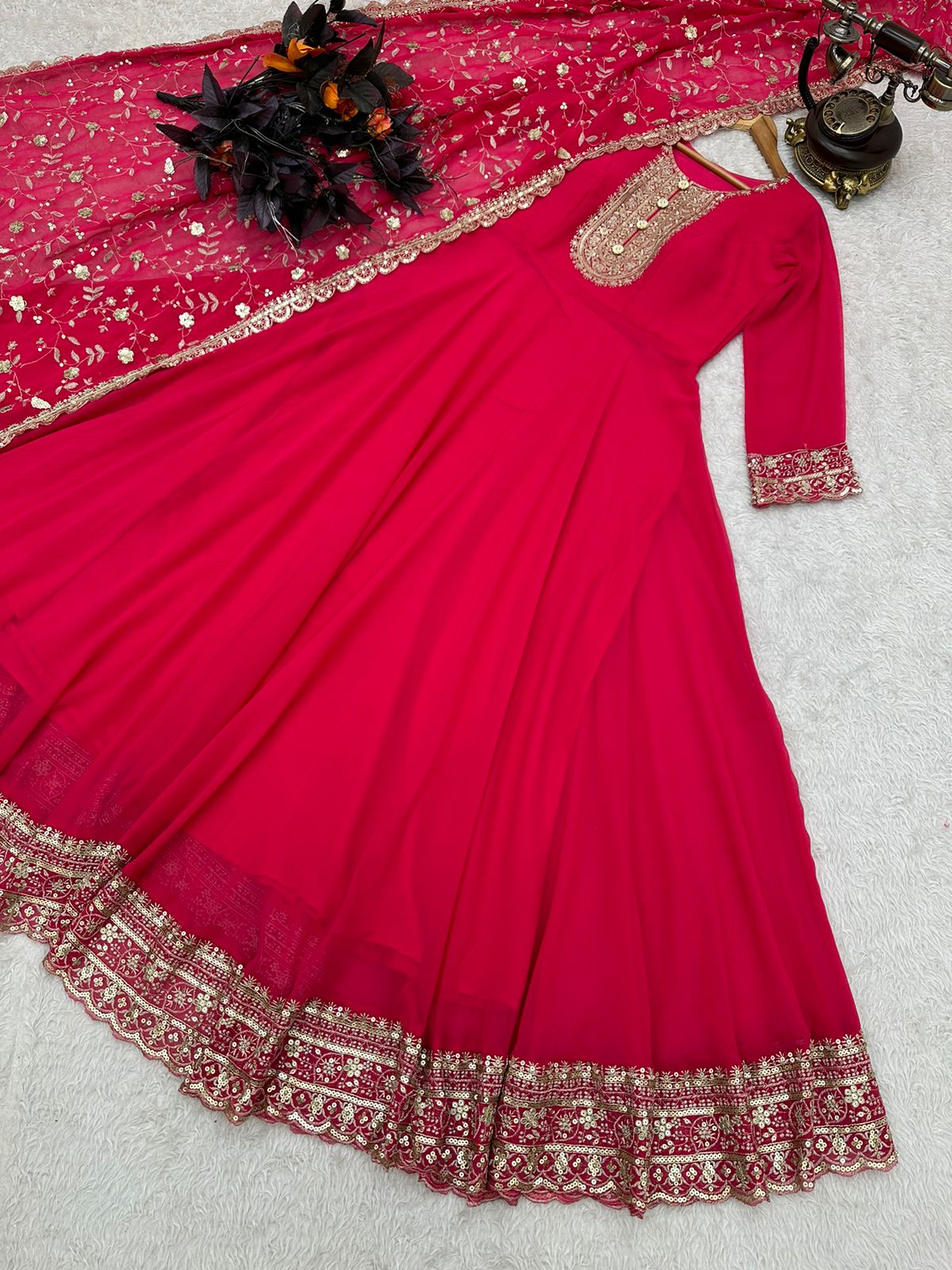 Rani Color Good Flair Anarkali Gown With Dupatta