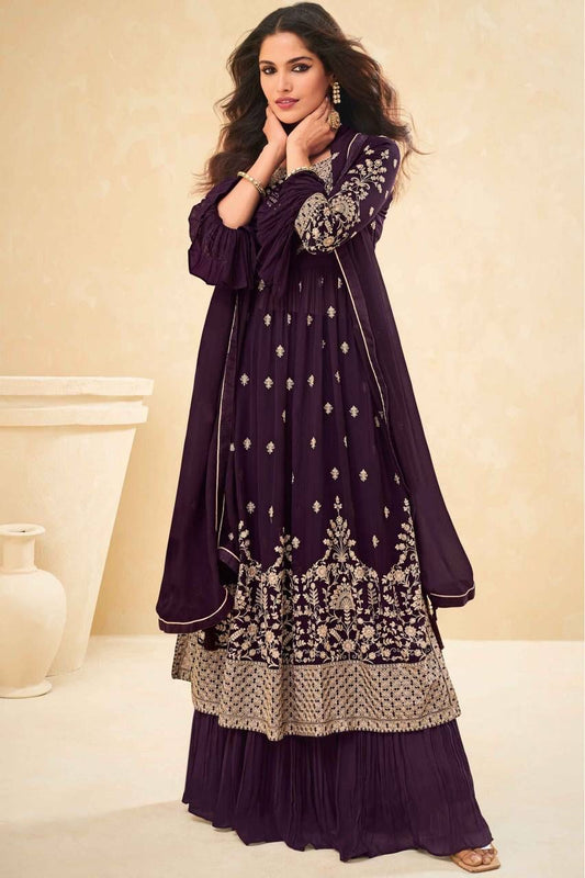 Wine Color Georgette Embroidery work Sharara Salwar suit Set