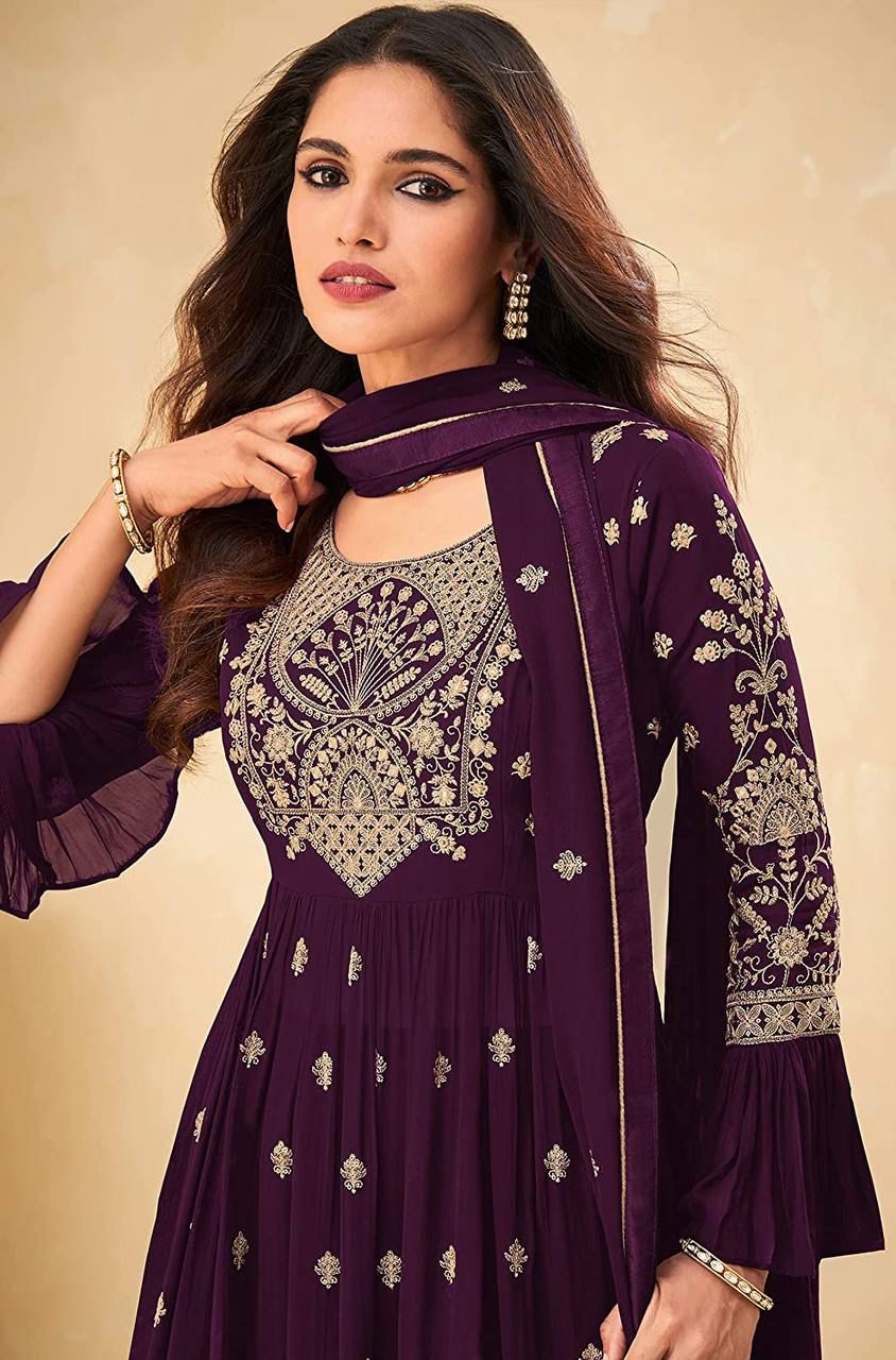 Wine Color Georgette Embroidery work Sharara Salwar suit Set