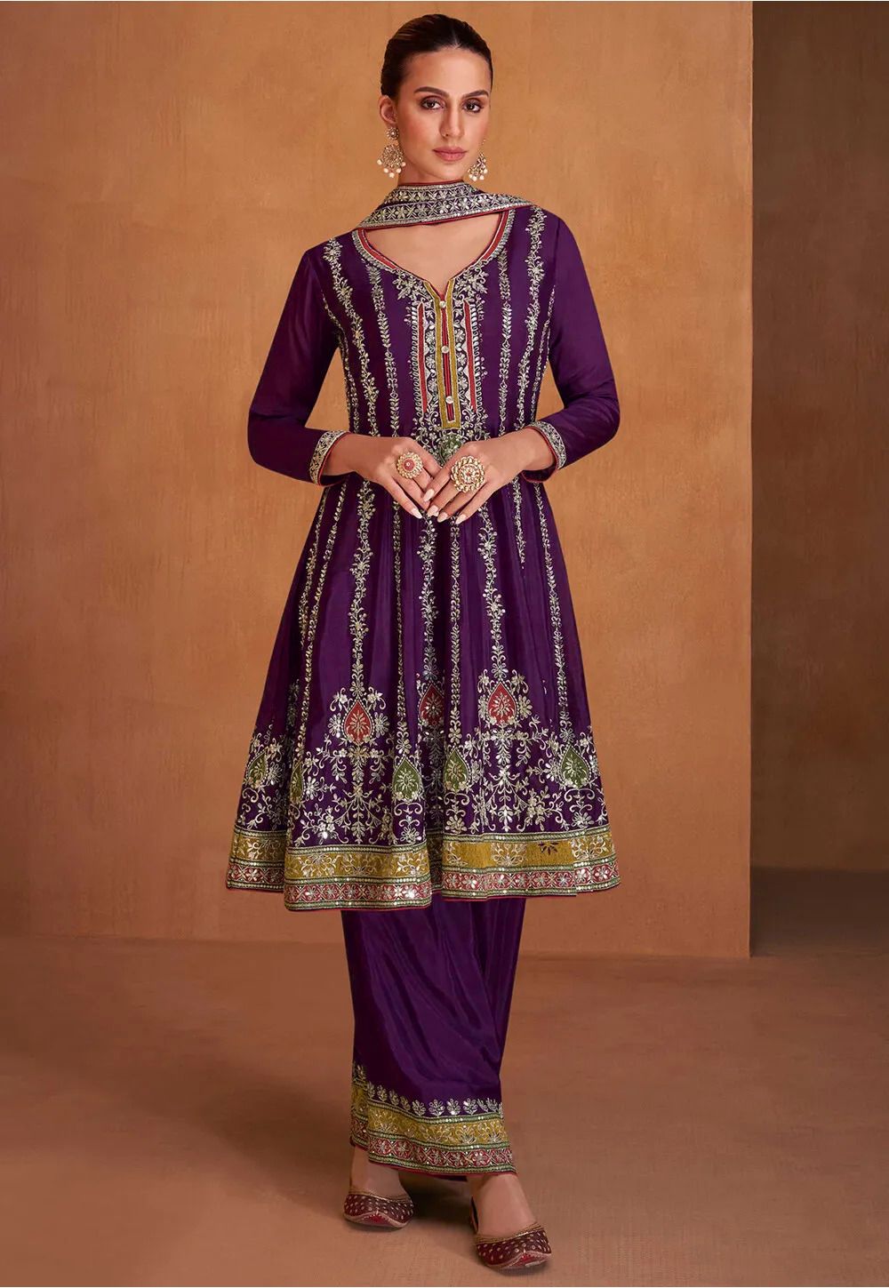 Purple Embroidery Anarkali With Pant Style Peplum Suit set