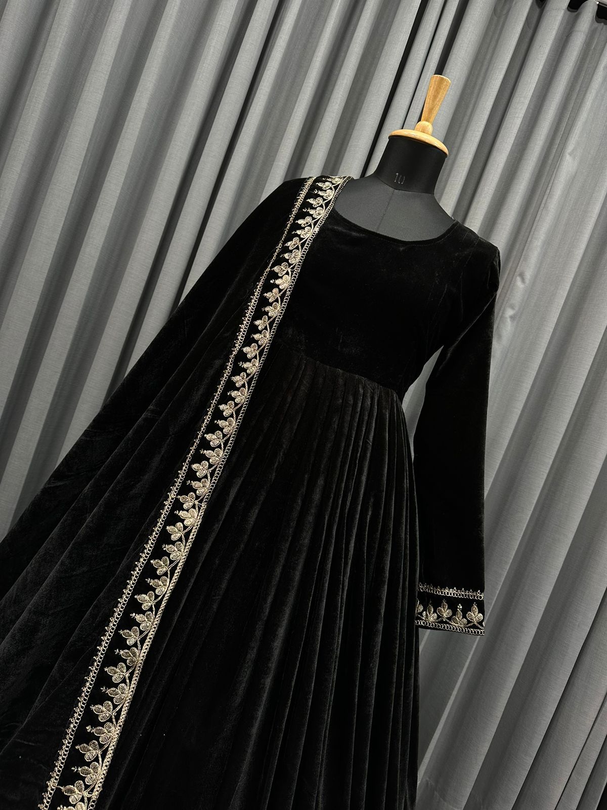 Party Wear Black color Velvet Fabric Anarkali Gown Dupatta Set