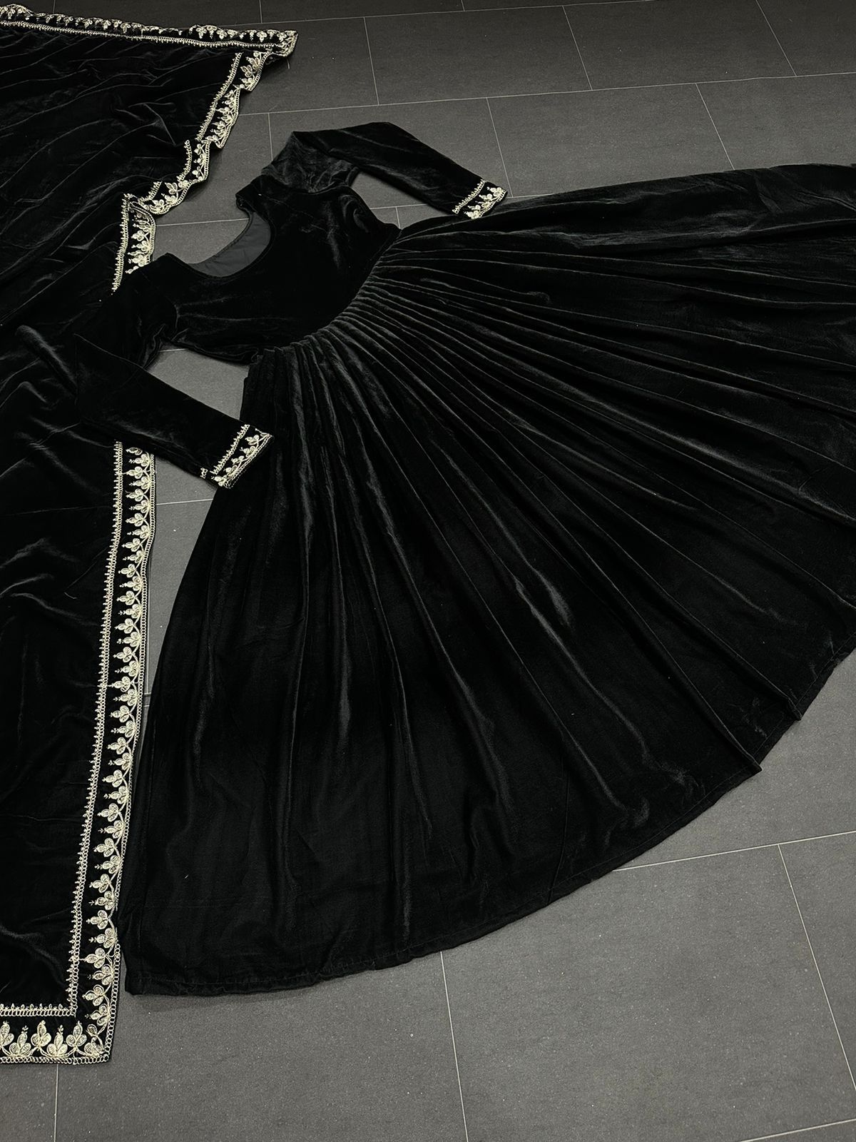 Party Wear Black color Velvet Fabric Anarkali Gown Dupatta Set