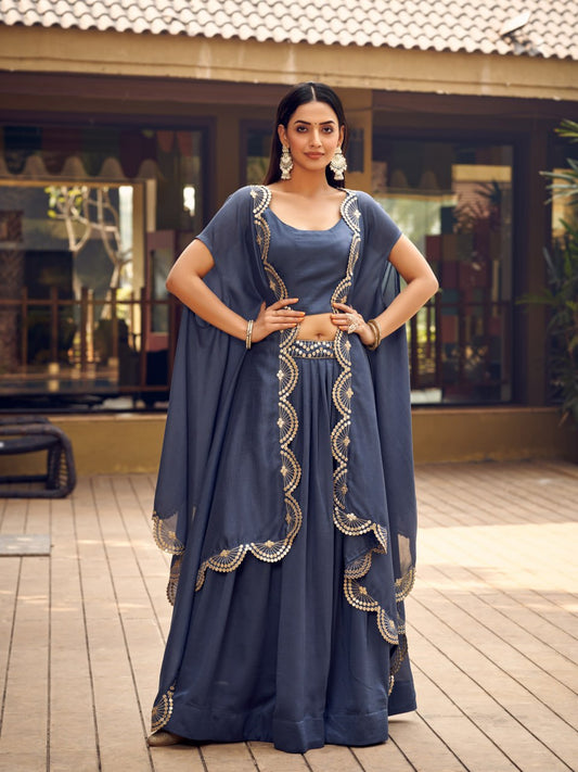 Party Wear Full Stitched Grey Lehenga With Shurg For women