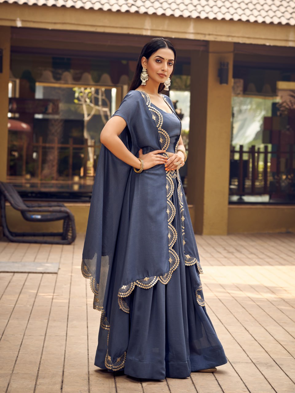 Party Wear Full Stitched Grey Lehenga With Shurg For women