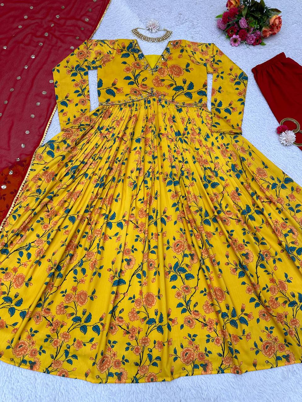 Splendid Yellow Color Anarkali Muslin Hand Work Digital Printed Salwar Suit